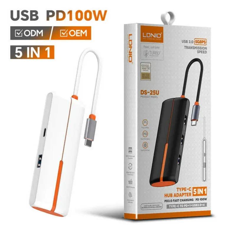 هاب 5 پورت تایپ سی الدینیو مدل LDNIO 5in1 Type-c Hub Adapter DS-25U توان 100 وات image gallery