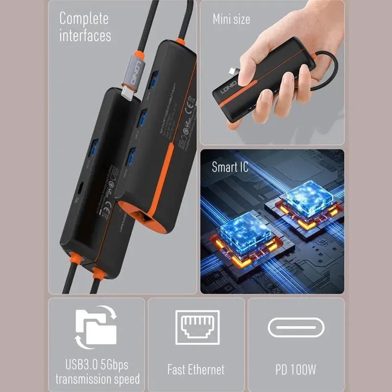 هاب 6 پورت تایپ سی الدینیو مدل LDNIO 6in1 Type-c Hub Adapter DS-26U توان 100 وات image gallery