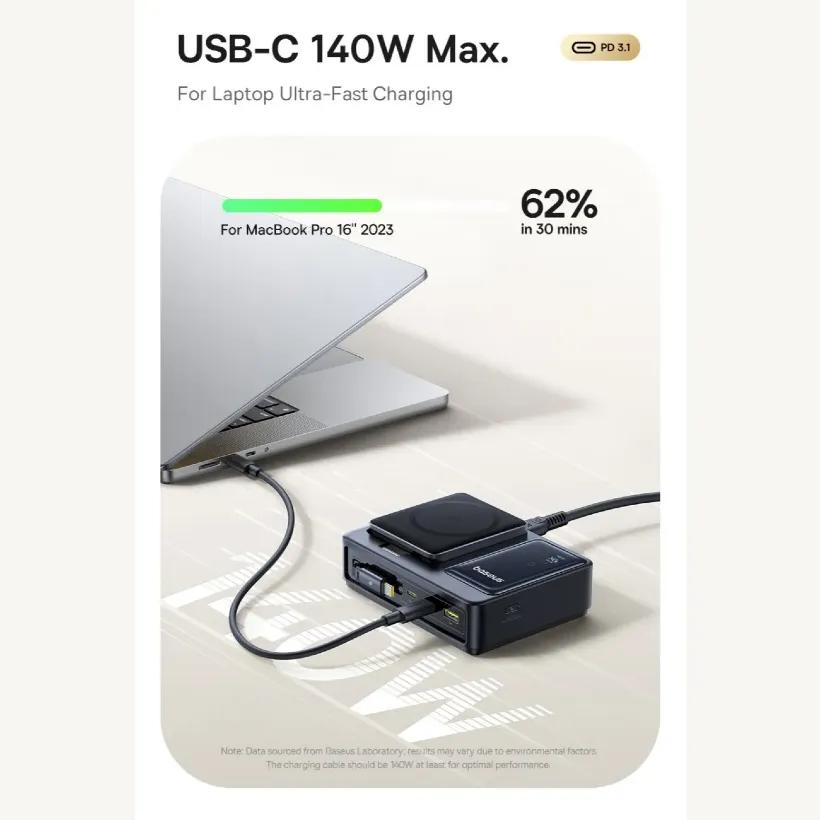 هاب شارژر 3 پورت و شارژر وایرلس باسئوس مدل Baseus P10170901123 Nomos Qi2 CCNMS140 توان 140 وات image gallery