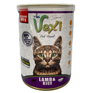 کنسرو گربه بالغ وکسی vexi طعم گوشت بره و برنج 400g